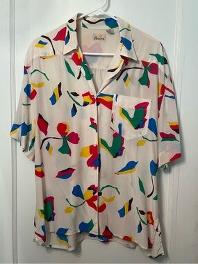 Vintage 80s Liz Claiborne Abstract Geometric Print Blouse 100% Silk